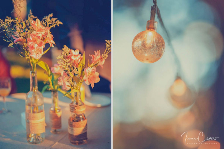 Flores y luces en la boda. Fotografía de boda